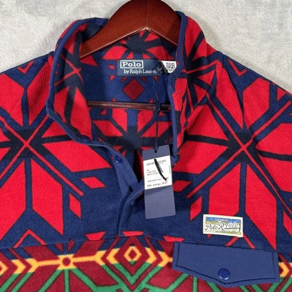 Polo Ralph Lauren Pullover Mens M Red Green Fleece Snap Fair‎ Isle Snowflake
